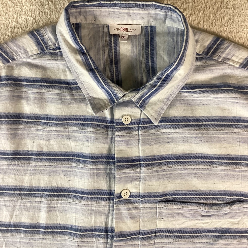 CBRL Mens Short Sleeve Button up Shirtu XXL Blue White Striped Cotton Rayon XXL
